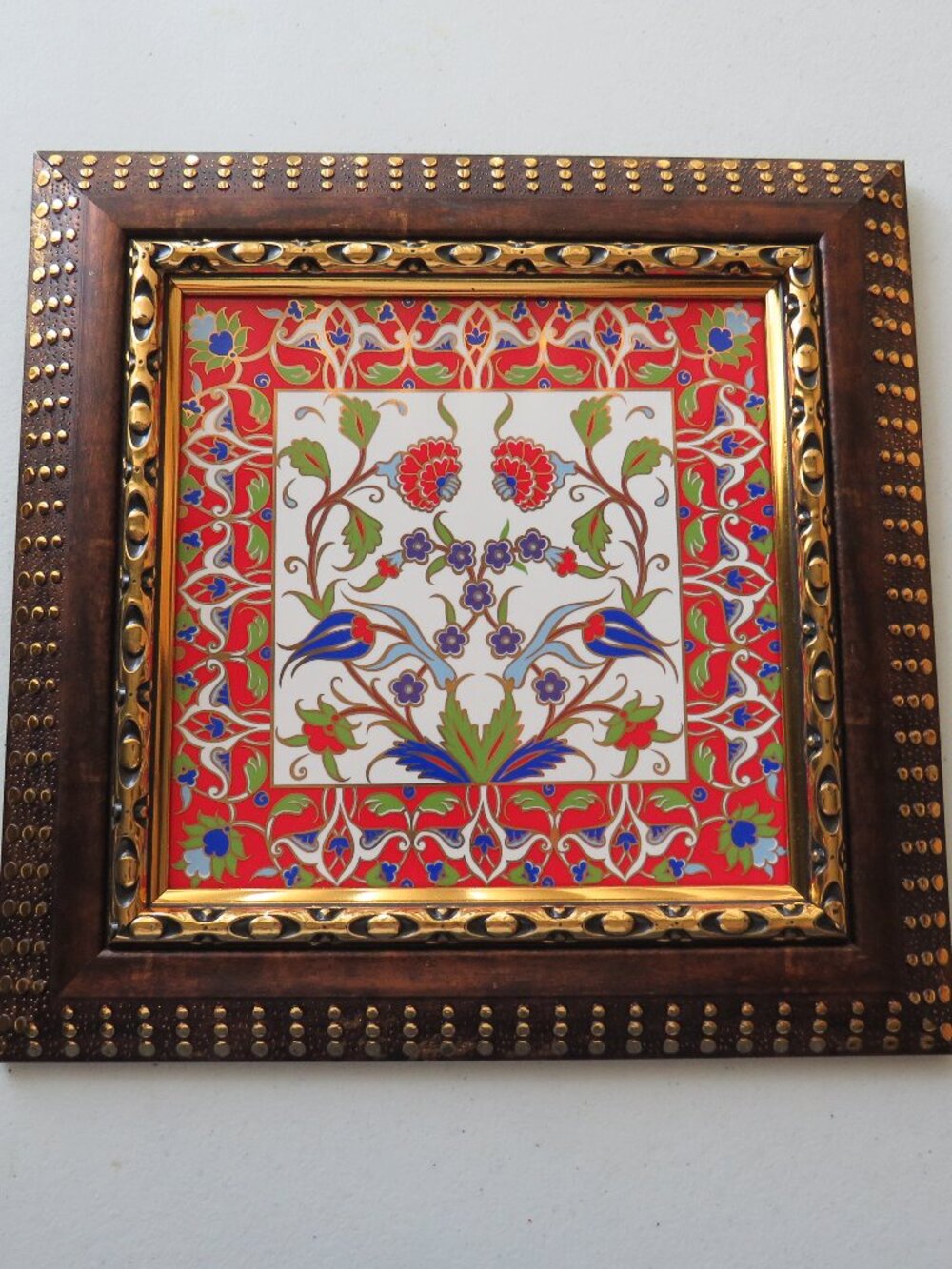 Framed Turkish Iznik Ceramic Square Tile Art Hand Painted Tulip & Carnation